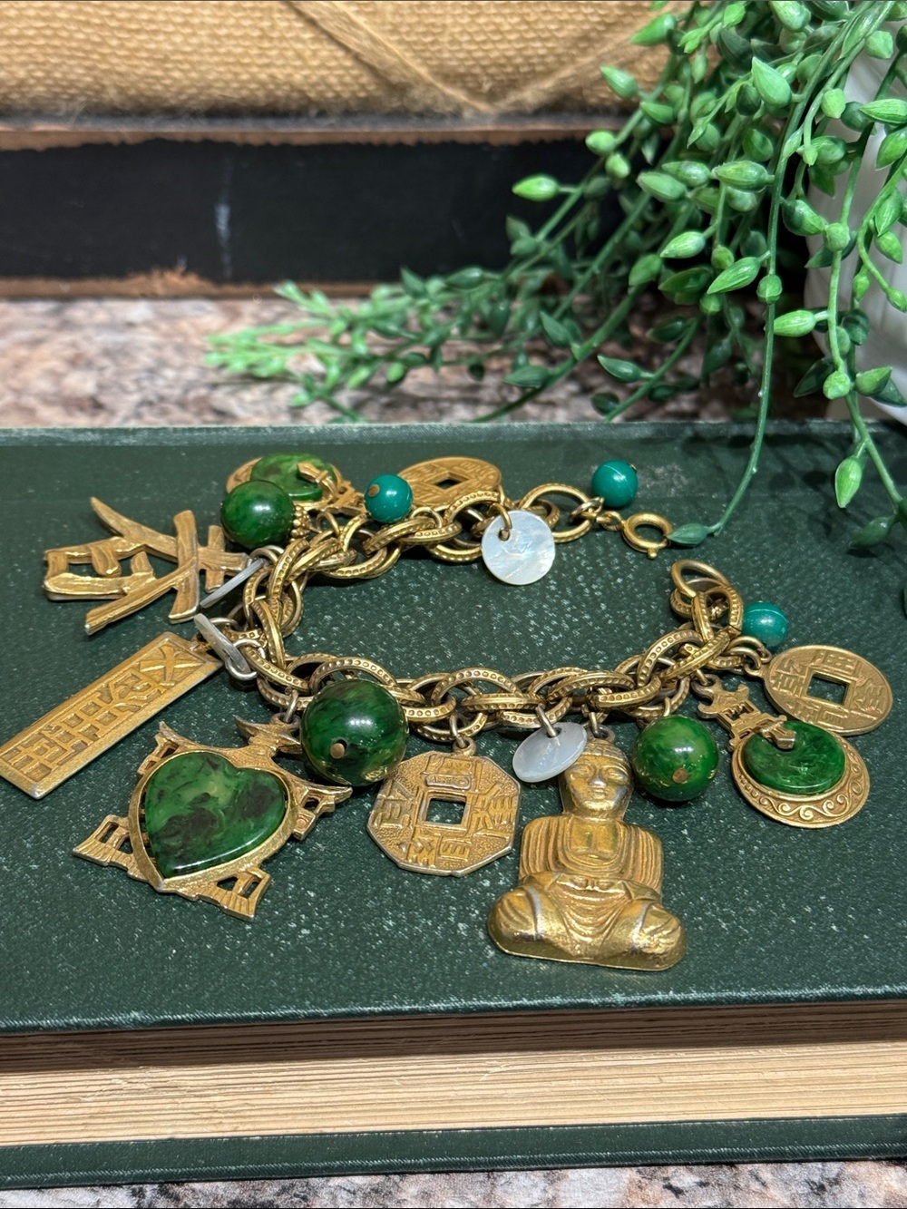 Vintage ART Gold-Tone Green Charm Bracelet